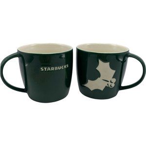 Starbucks 2011 Christmas Holly Green White Mugs 16oz Holiday Set Of 2